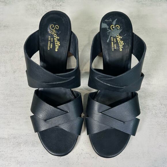 Seychelles Criss-Cross Leather Block Heel Sandals US Women's 10 Black Open Toe - Picture 3 of 10